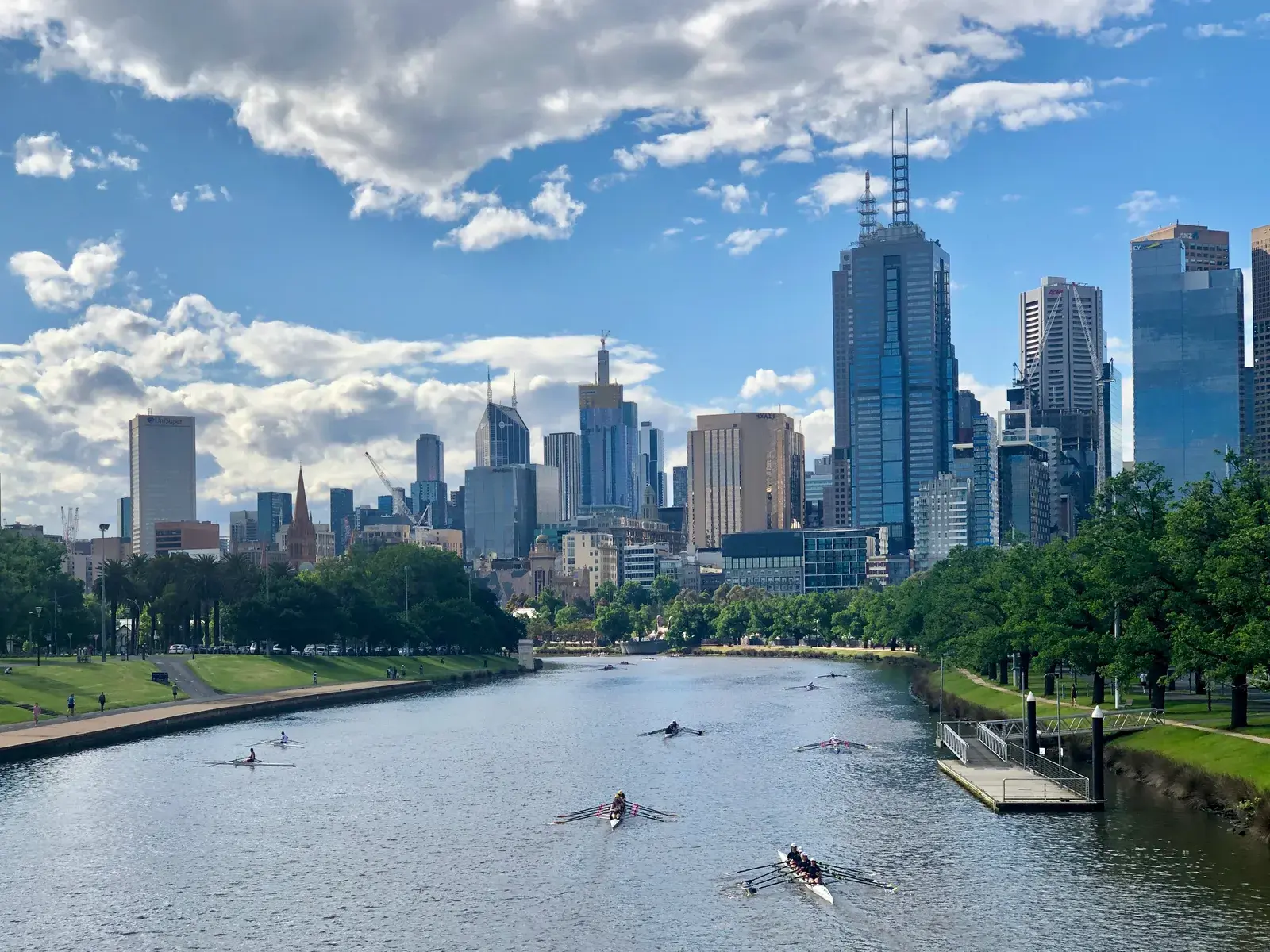 เรือพายในแม่น้ำ Yarra กับตึกระฟ้าใจกลางเมืองเมลเบิร์นเป็นฉากหลัง
